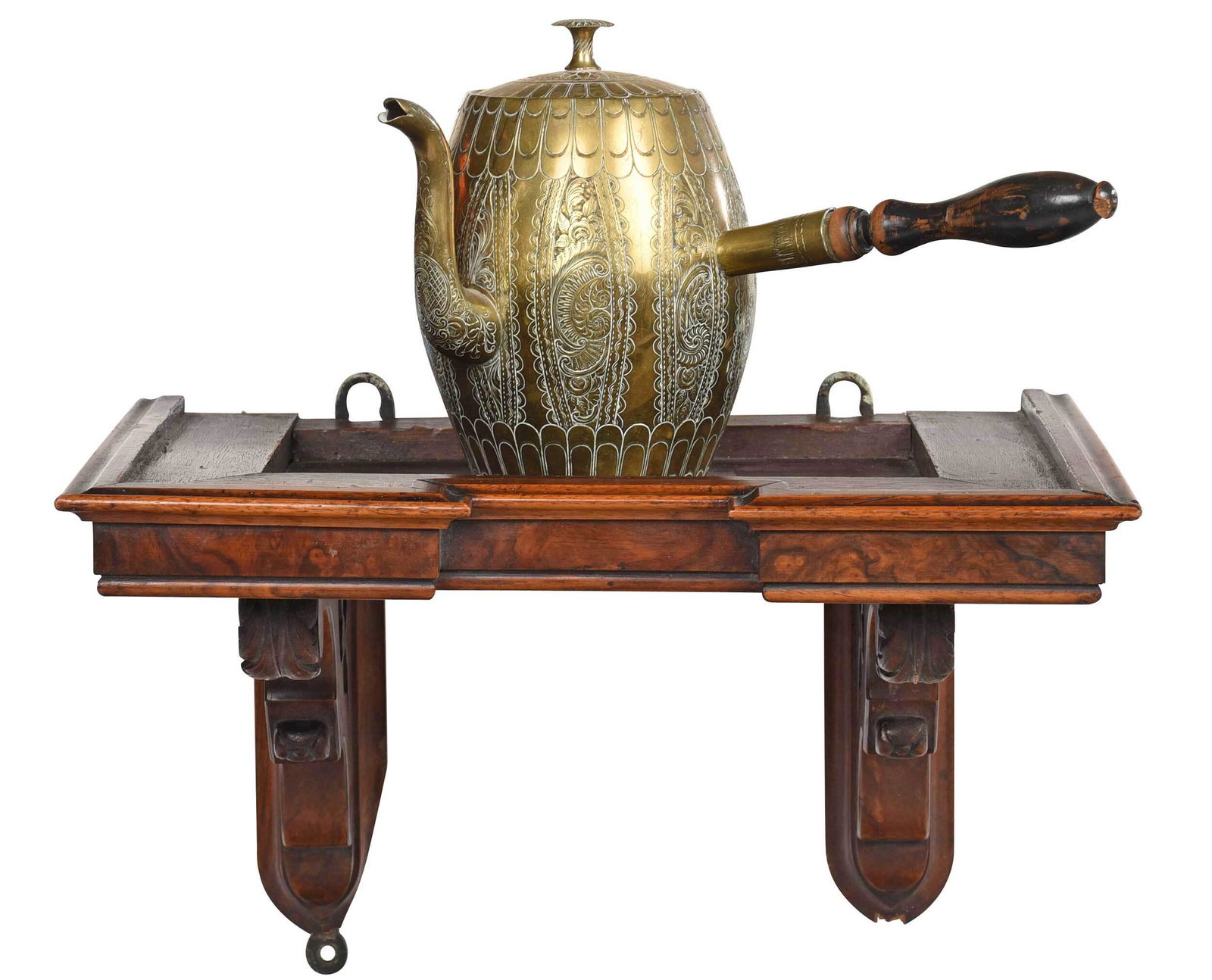 Carved Hanging Wall Shelf and Brass Teapot (1 of 4)