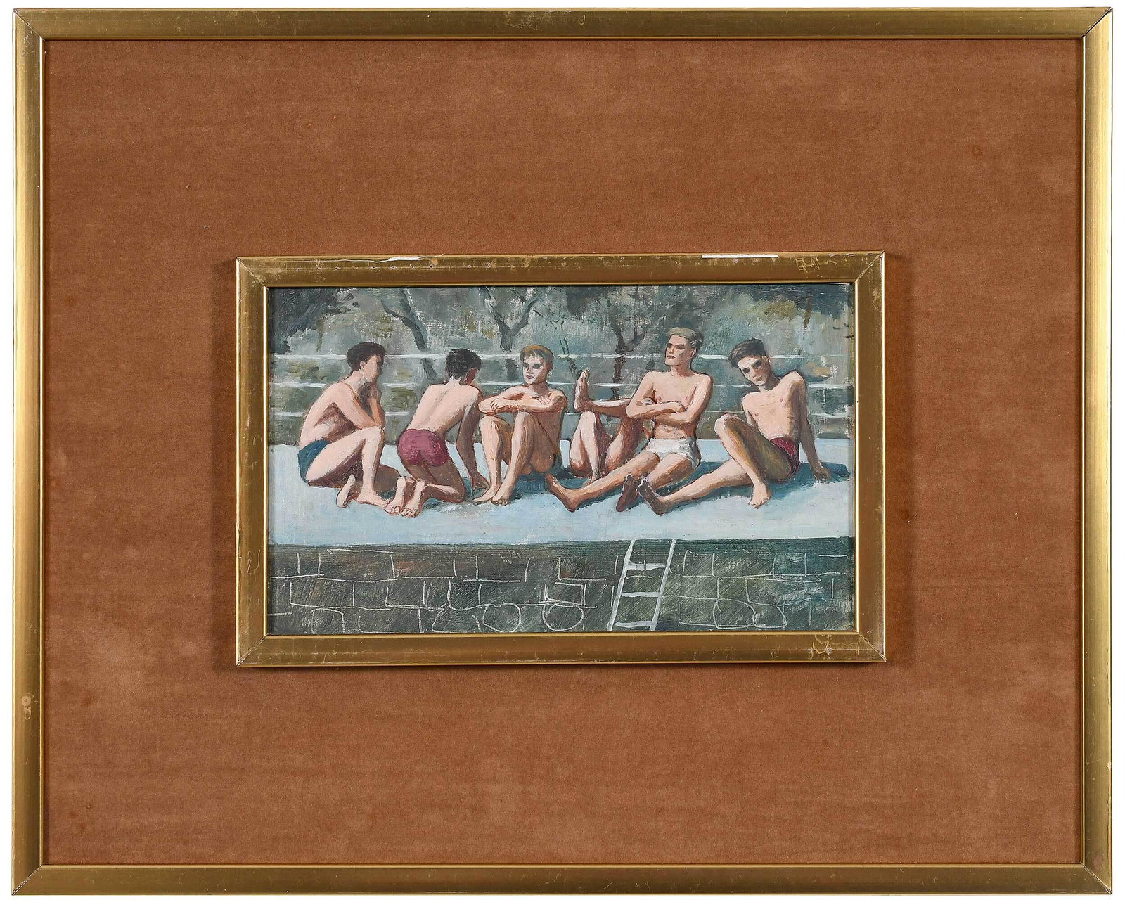 Guy Warsdell: (British, 1908-1976) Swimmers, Box Hill Pool, Surrey, circa 1947-1949, not apparently signed, inscriptions verso backing paper, oil on panel, sight 5-3/4 x 9-5/8 in.; gilt wood frame, 14-3/4 x 18-1/8 