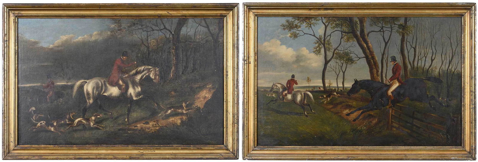 Attributed to Henry Thomas Alken, Sr.: (British, 1785-1851) A pair of fox hunting scenes: Clearing a Gate, 15-3/8 x 24 in.; Catching the Scent, 14-1/2 x 23-1/8 in., one unsigned, one signed indistinctly lower left, oil on canvas; matching