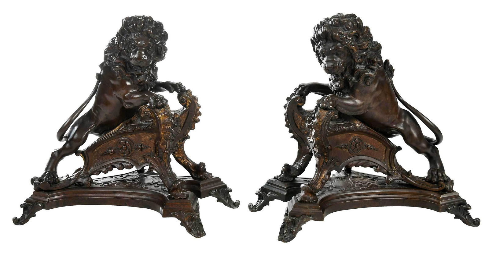 Pair of Patinated Bronze Lion Chenets (1 of 7)