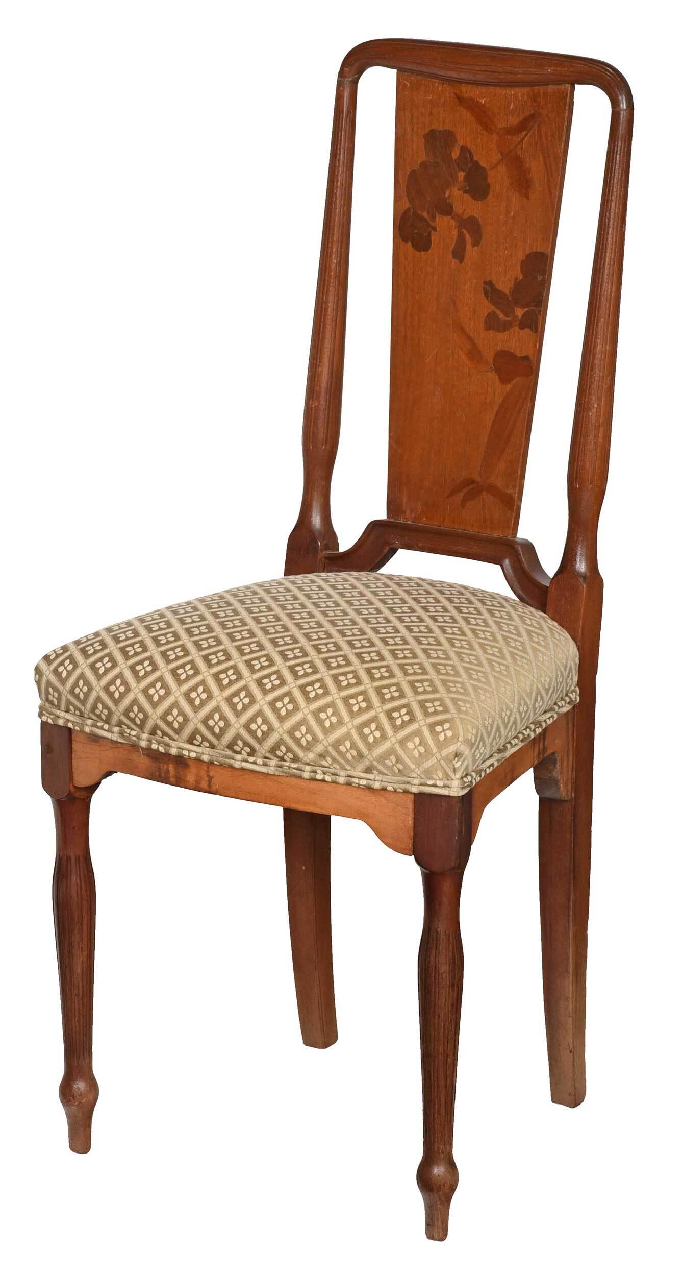 French Art Nouveau Marquetry Inlaid Side Chair: circa 1900, shaped back with floral marquetry inlaid splat, on turned and carved legs, apparently unsigned, 37 x 17 x 15 in. , Provenance: Private Collection, Camden, South Carolina