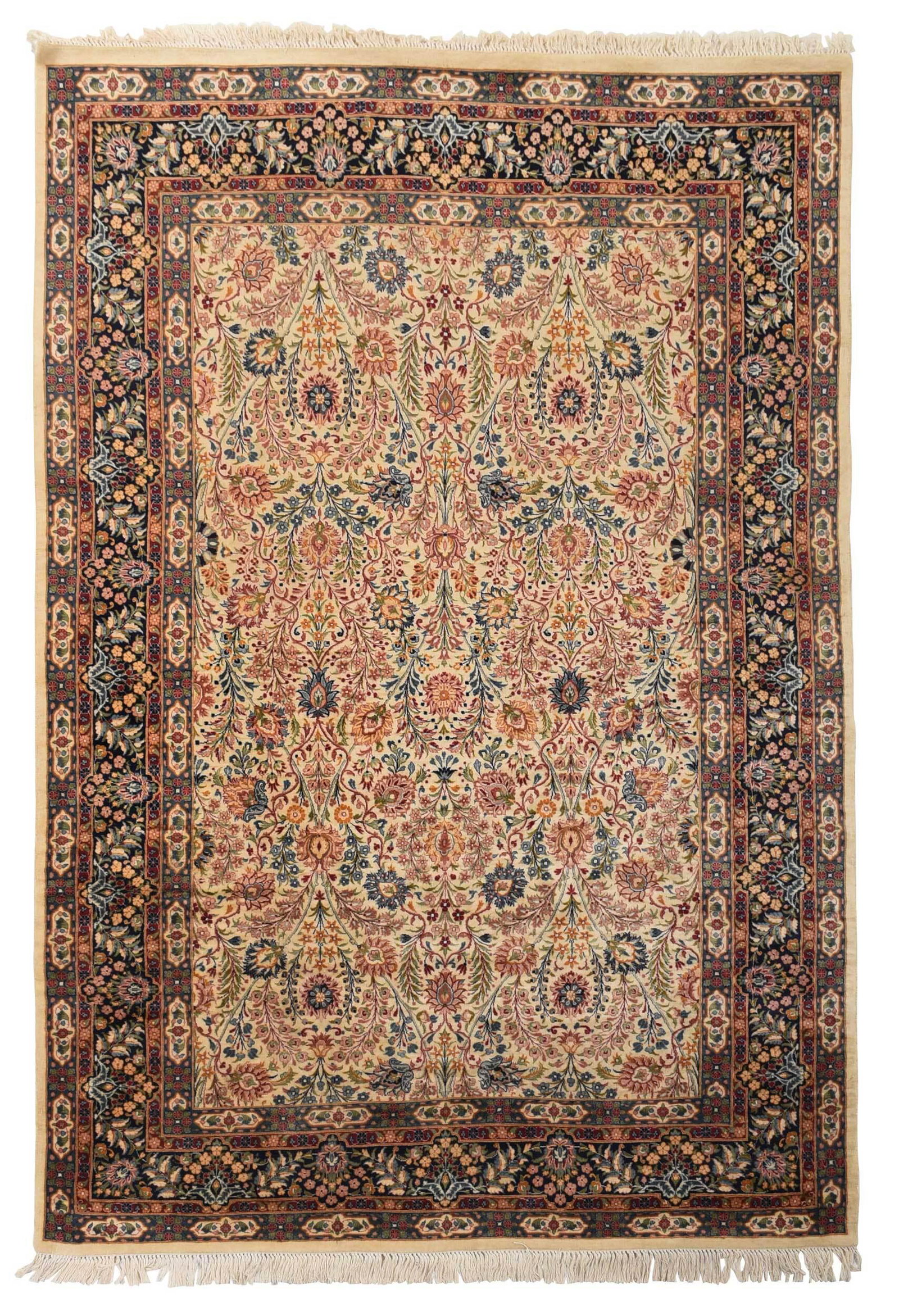 Tabriz Rug: Pakistan, 20th century, white field with leafy sprays of flowering vines and branches, dark blue border, 9 ft. 3 in. x 6 ft. 3 in., Provenance: Private Collection; Note: Accompanied by Appraisal