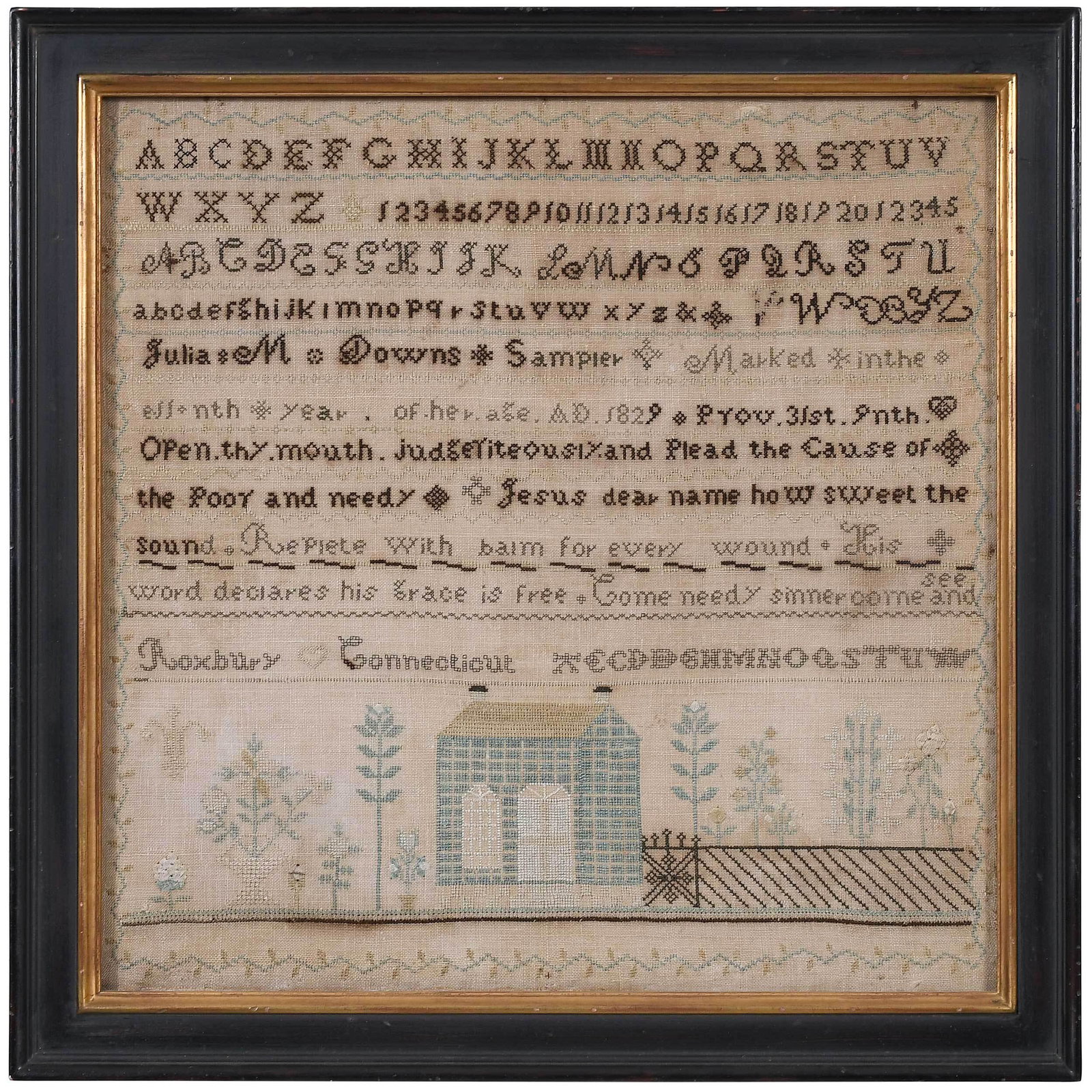 1829 Roxbury Connecticut House and Verse Sampler: dated 1829, with multiple lines of alphabet, "Julia M Downs Sampler Marked in the/ell nth year of her age. AD 1829", with verse fromÿProverbs 31:9, stitched house and garden below, silk on linen, sig