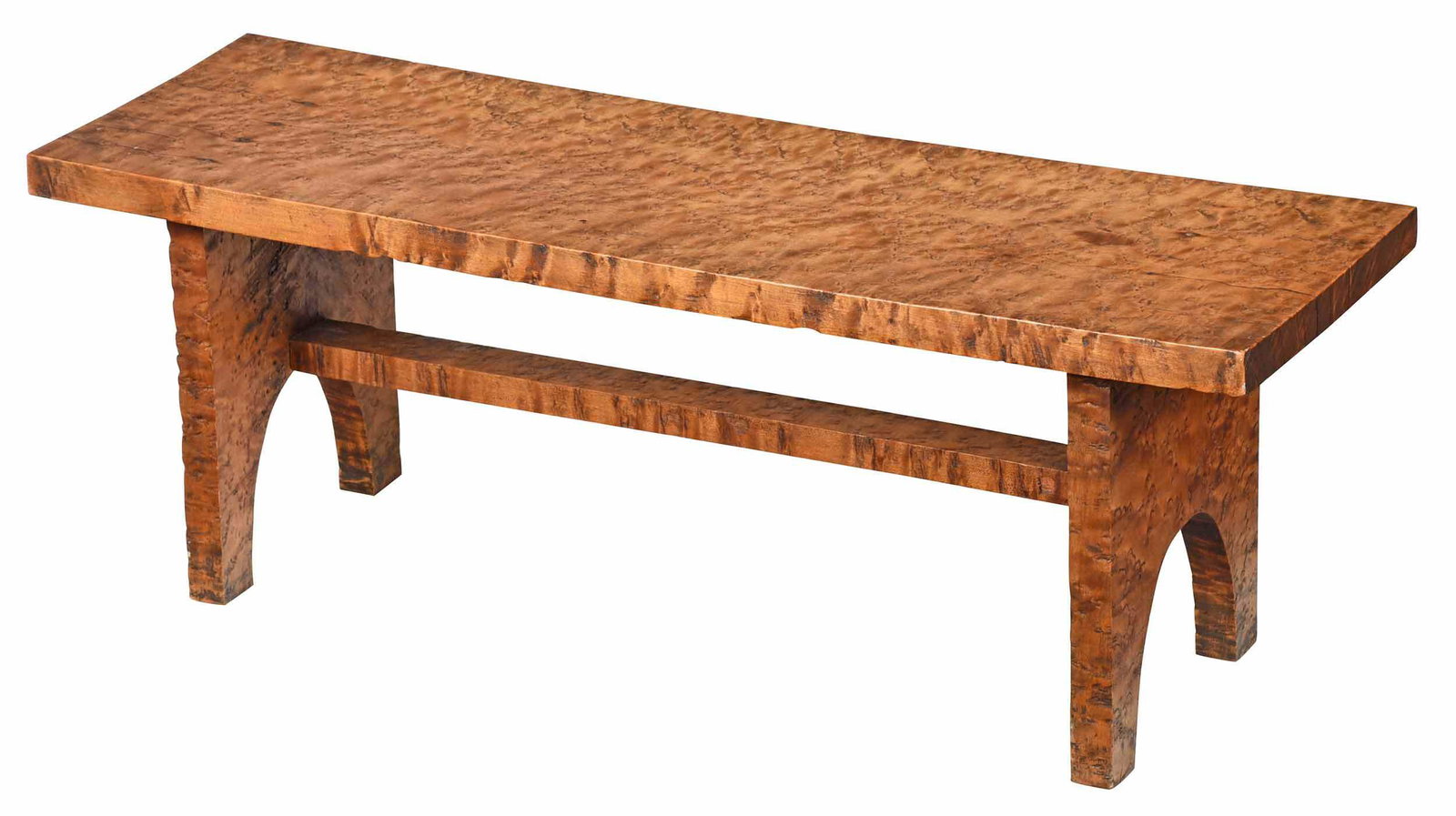 American Federal Bird's Eye Maple Bench: New York or Pennsylvania, 19th century, highly figured bird's eye maple throughout, rectangular plank top over trestle form base with stretcher, 11-1/2 x 10 x 31-3/4 in. , Provenance: The Ann and Joel