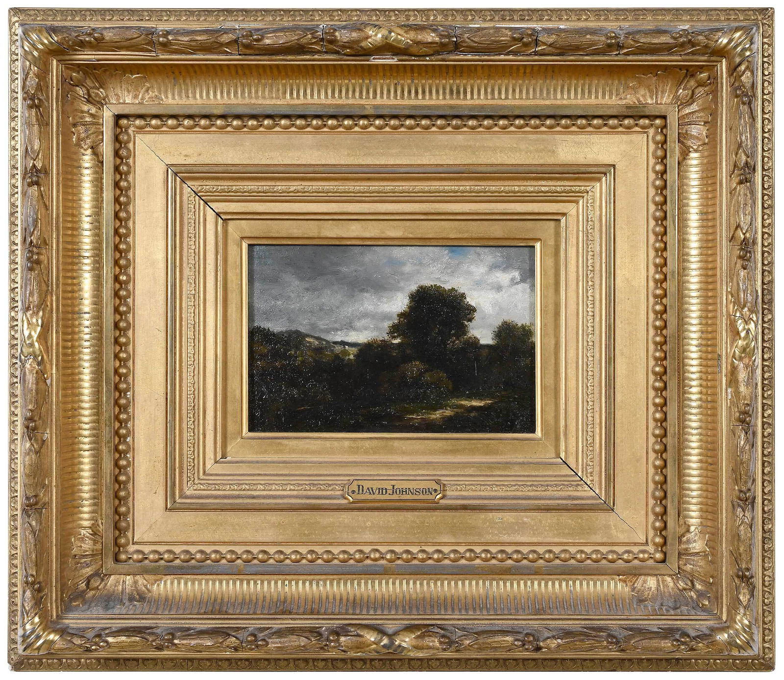 David Johnson: (American, 1827-1908) Coming Storm, 1878, signed verso "David Johnson 1878", also signed with monogram recto lower right, oil on canvas, 4-1/2 x 6-1/2 in.; period carved gilt wood and composition fram