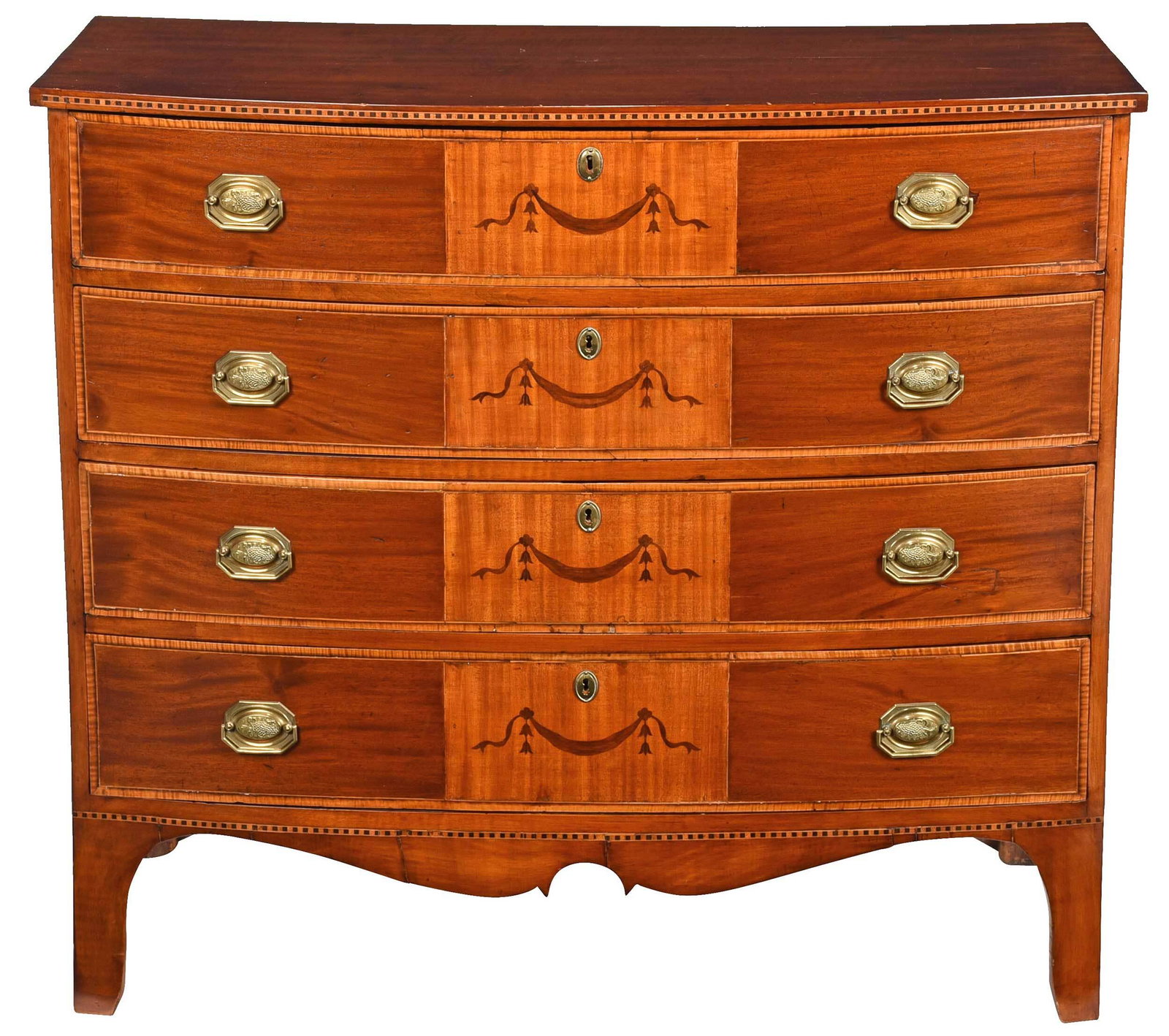 Rare New England Federal Inlaid Bow Front Chest: Massachusetts or possibly Vermont, 1800-1810, stained figured maple top with inlaid edge above four tiger maple banded bow front drawers, figured mahogany drawer facings, each centering a lightwood pa