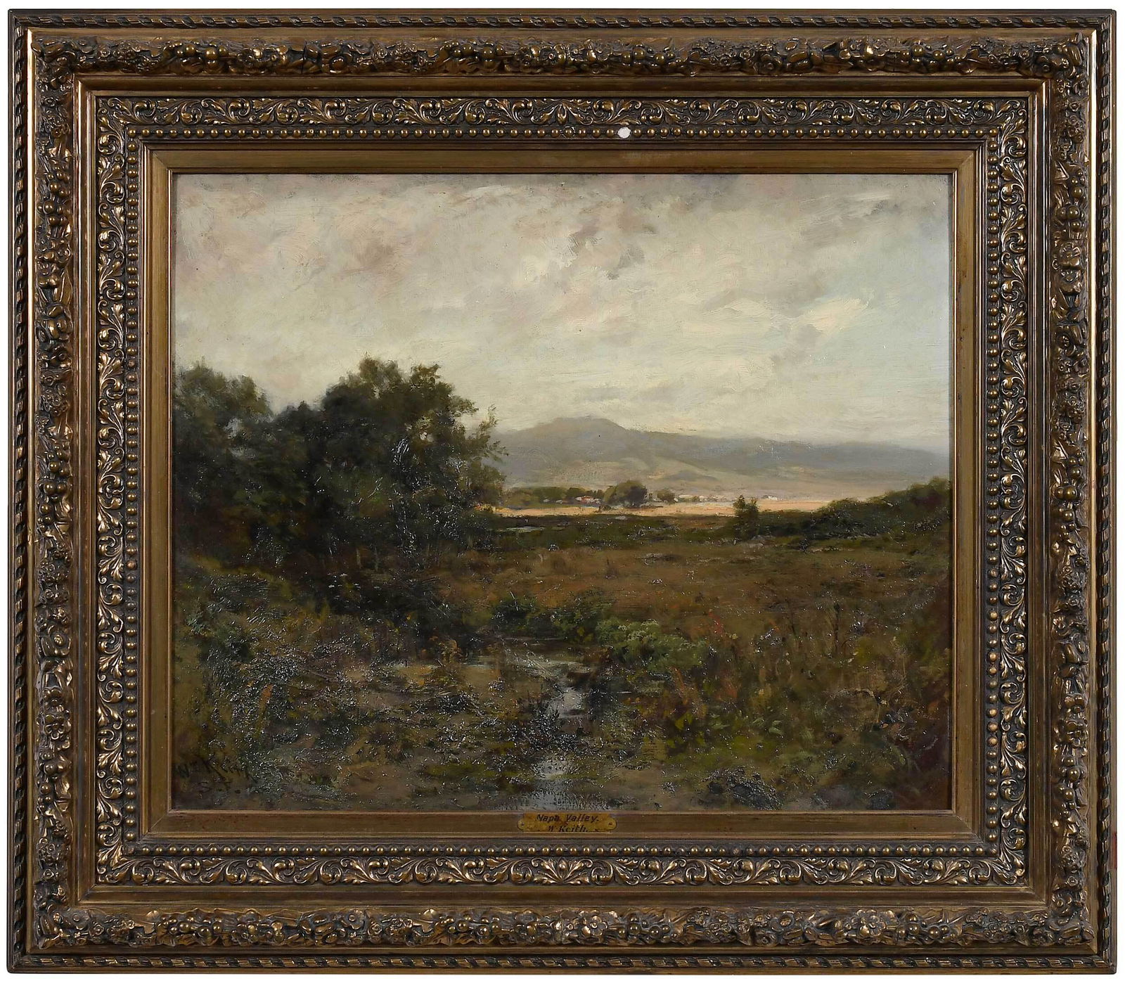 William Keith: (Scottish/California, 1838-1911) Napa Valley Landscape, signed lower left "Wm. Keith/S.F.", oil on board, 22 x 27-1/4 in.; period carved gilt wood and composition frame, 32-1/2 x 37-1/2 in., Provenanc