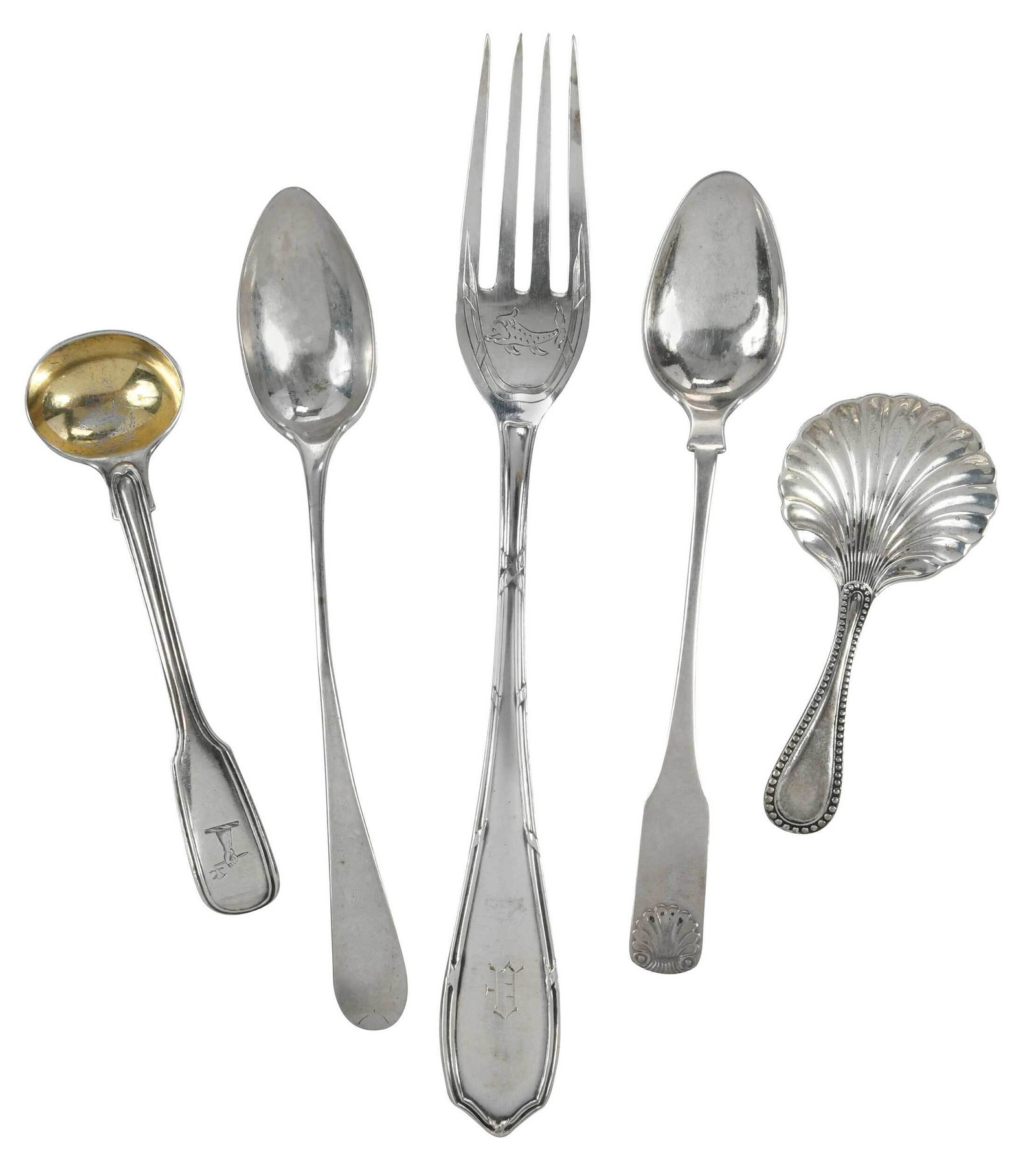 12 Pieces Continental and English Silver Flatware: 20th century, includingÿGeorgian English silver tea caddy spoon;ÿtwo English silver salt spoons;ÿsix Germany silver .800 fine forks;ÿthree spoon, probably Continental, most with monograms, 10.76 o