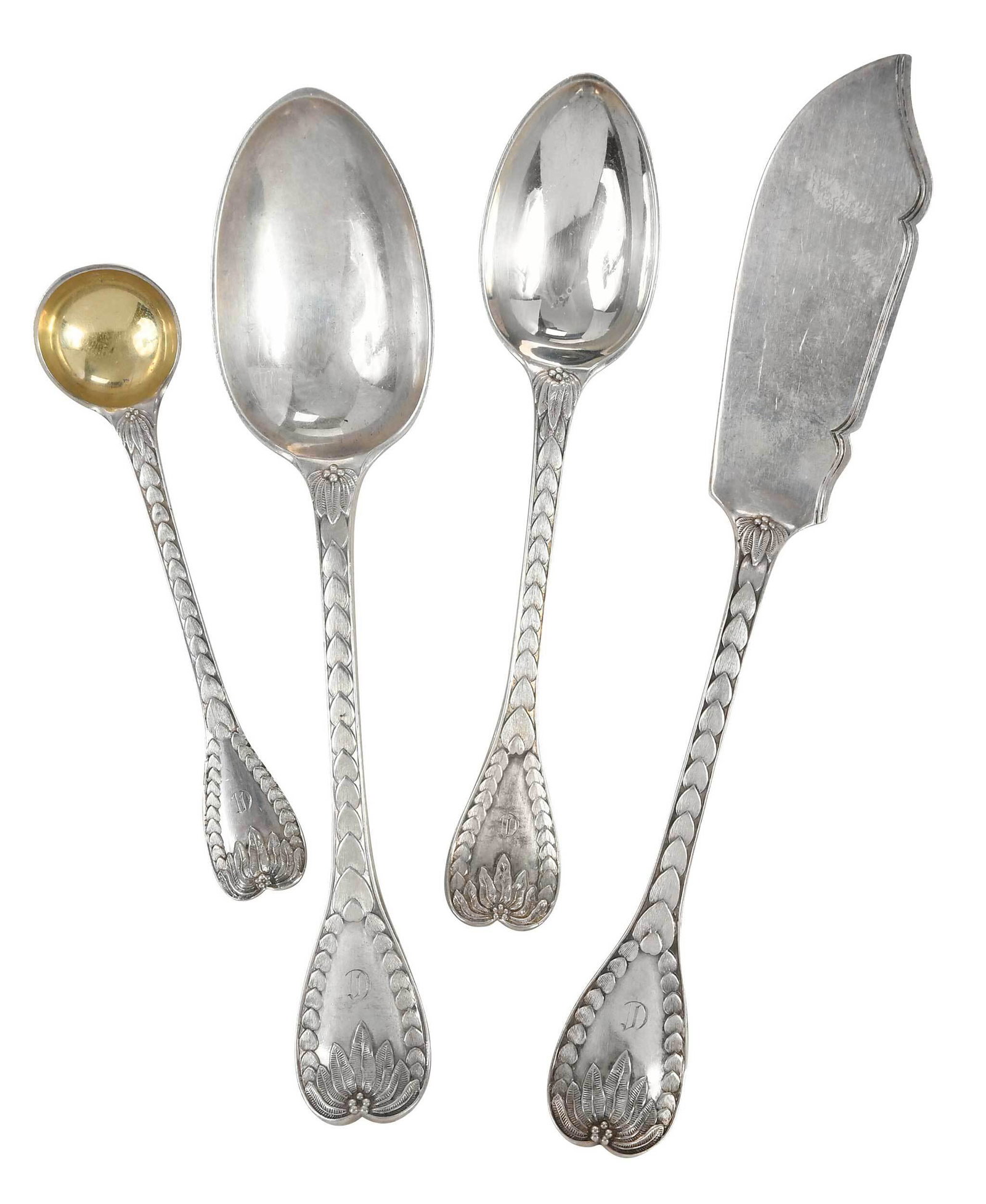 English Silver Flatware, Foliate Handles, 14 Pieces: London, 1878, including eight 5-7/8 in. spoons; 7-3/4 in. solid handle butter knife; 4-5/8 in. salt spoon;ÿfour 7-1/4 in.ÿspoons;ÿall with monograms, marks for Chawner & Co. and George William Adam