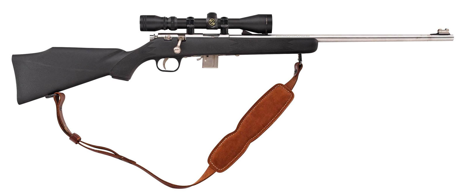Marlin Model 882 SS Magnum Rifle with Scope: .22WMR, bolt action, 22 in. stainless micro groove barrel, 13-1/2 in. LOP, synthetic stock, Simmons 3-9x40 8 point scope, leather shoulder sling, serial number 356973, Provenance: From the Estate of t