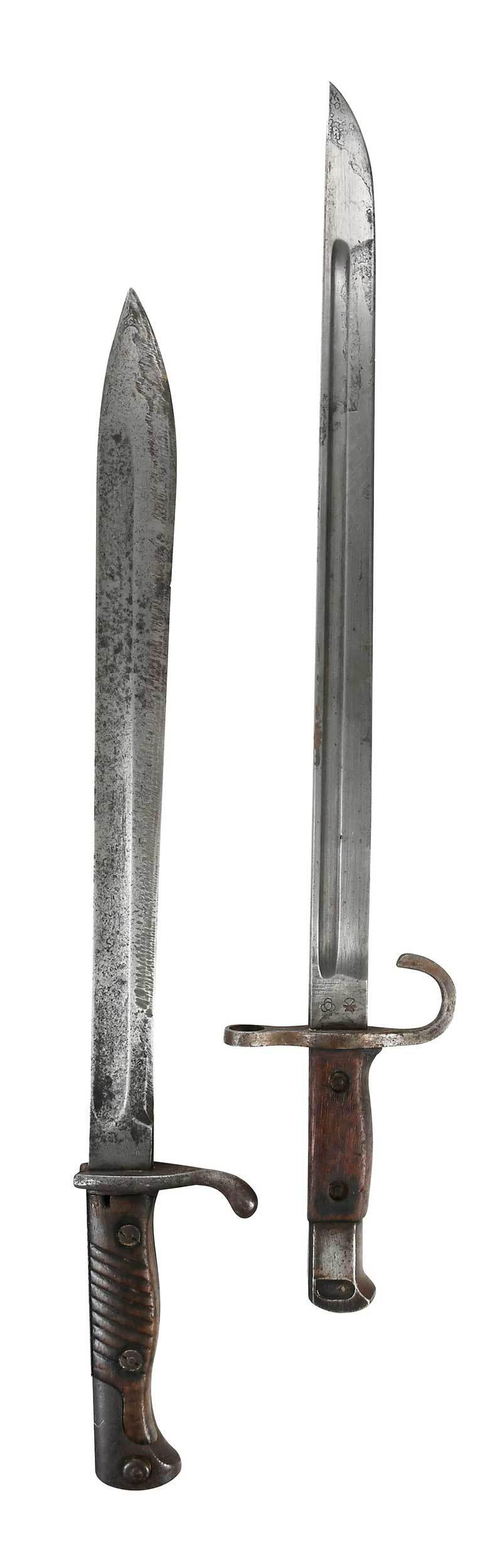 Two Bayonets: German, early 20th century, wooden construction handle, blade with fuller, ricasso marked "Walter & Co./Muhlhausen in Thr." one side and "GEBR/Hartkopf/Solingen" opposing side, a second bayonet with u
