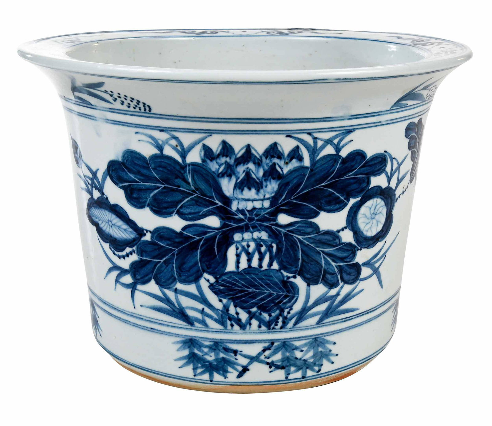 Chinese Blue and White Porcelain Planter: painted with lotus flowers, floral sprays, with drainage hole, 7-1/8 x 10-1/4 in.ÿ Provenance: Private Georgia Collection