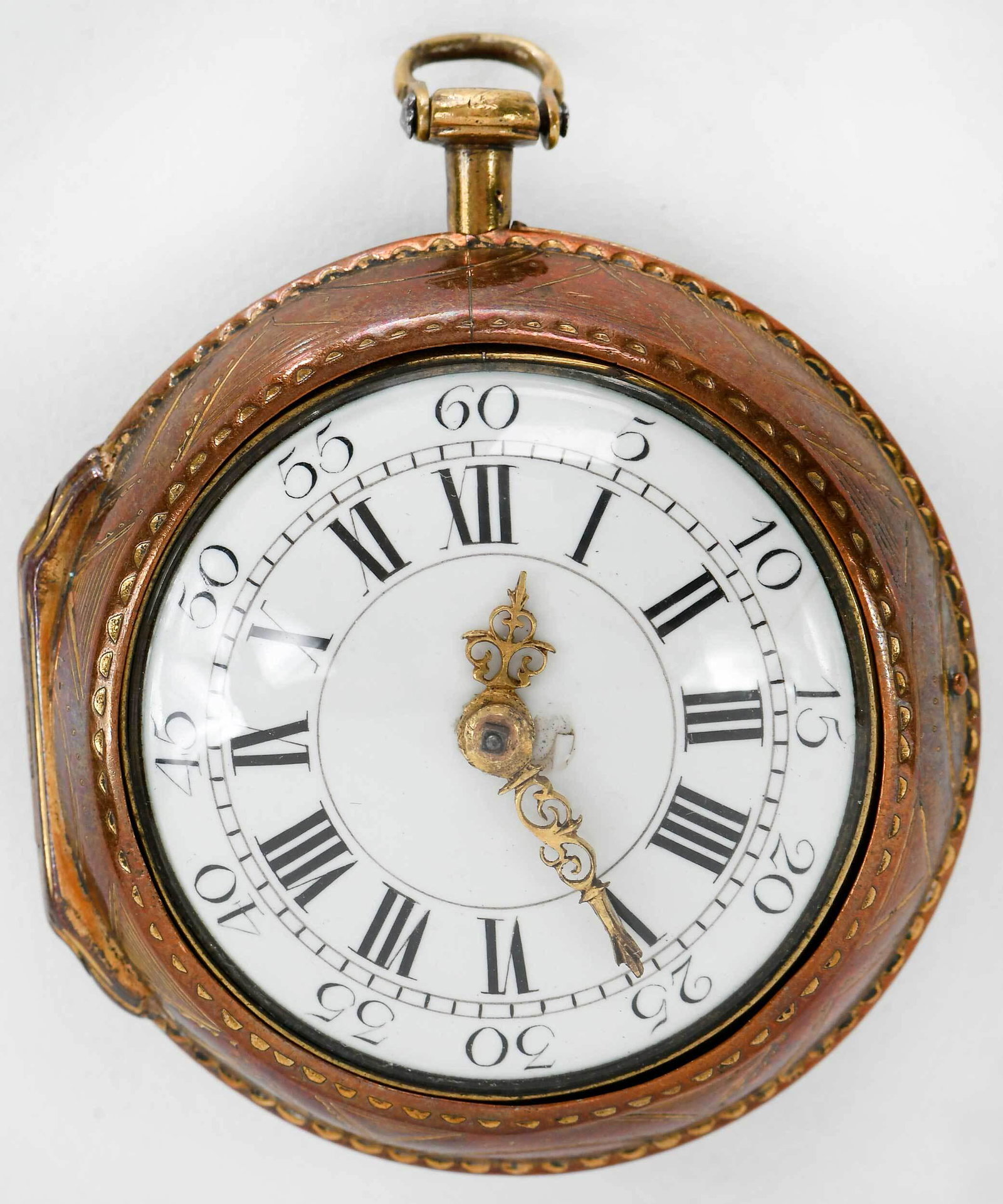Swiss Pocket Watch: 41mm inner case, 49mm outer twin case, early verge fusee, brass and copper cases, 96 grams Provenance: A Virginia Collector