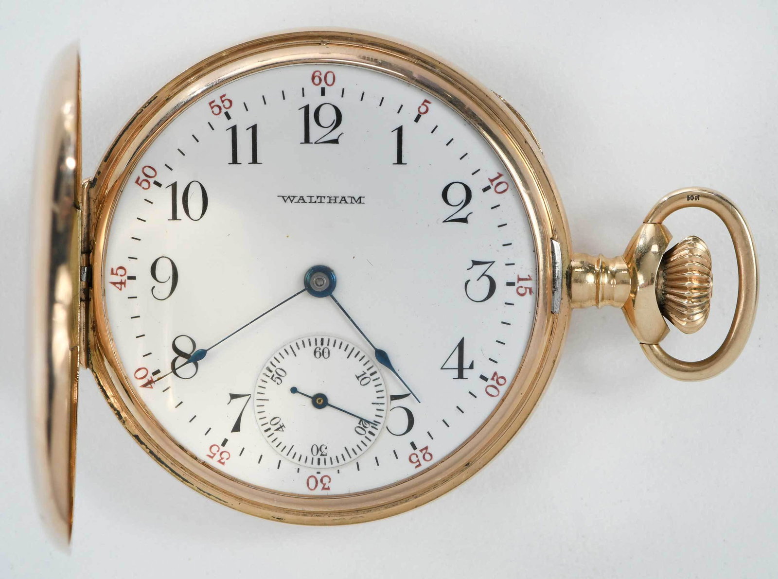 American Waltham Watch Co. 14kt. Pocket Watch: 48mm hunter case, inside case stamped "Warranted To Assay 14K, Leon W.C. Co., 87167", serial #14614358, 7 jewels, size 16s, circa 1905, 86 grams Provenance: A Virginia Collector