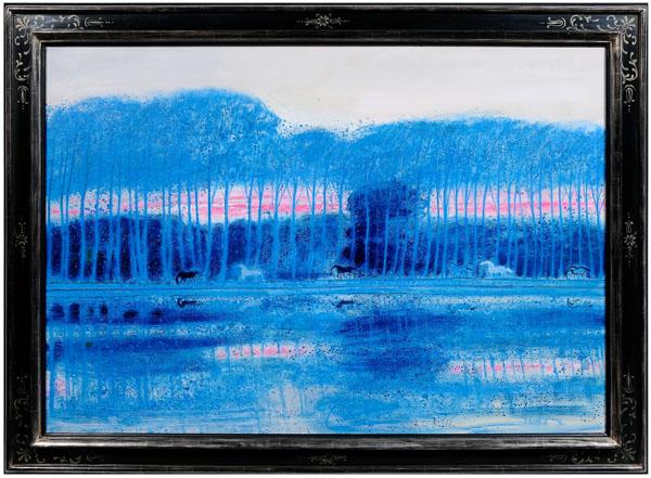 Andre Brasilier: (French, born 1929), [les etangs bleus loupeigne, Blue Ponds,] 1984, signed lower right "Andre Brasilier", oil on canvas, 44-3/4 x 64 in.; black-painted and silver gilt panel frame. Original stretcher