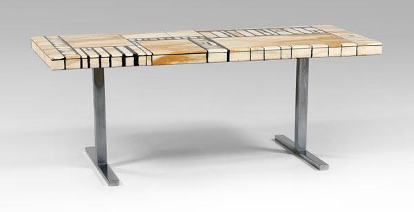 Italian modern marble coffee table,: rectangular marble-veneered top on chrome trestle-form legs, circa 1970s, 19-3/4 x 51 x 21-3/4 in. Good condition overall, losses and corrosion to surface on legs, very minor chips and cracks to marbl