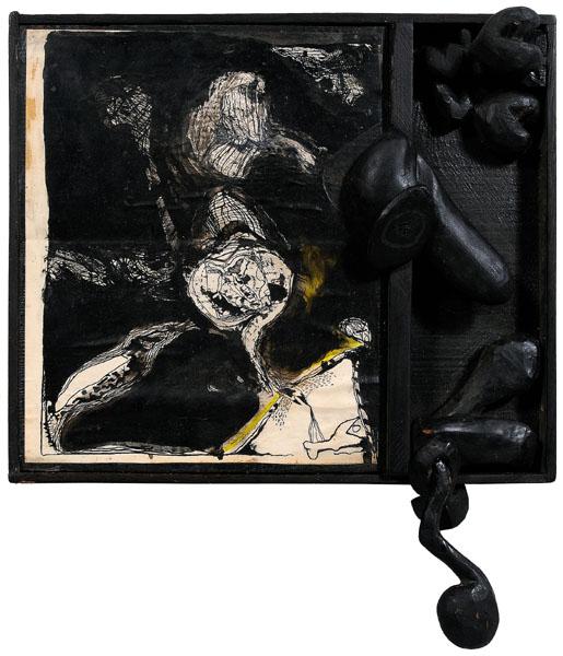 William T. Wiley: (California, born 1937), [Composition,] 1962, signed verso "Wm T. Wiley 1962", mixed media on wood panel, 19 x 16-7/8 in. with integral lattice frame. Lacking one element, repaired wood elements, unev