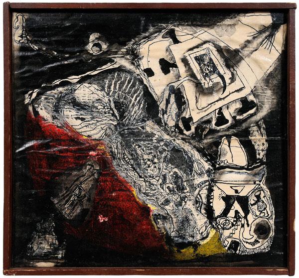 William T. Wiley: (California, born 1937), [Composition,] 1963, signed verso "Wm. T. Wiley 63", mixed media on wood panel, 13-1/4 x 14-1/4 in. with integral lattice frame. Split horizontally at center, uneven surface a