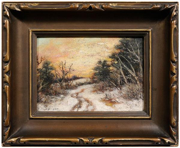 Robert Melvin Decker: (New York, 1847-1921), [Winter Landscape,] signed lower left "R.M. Decker", oil on canvas, inscribed verso stretcher "39-320-22NL", 5 x 7 in.; original 20th century painted wood frame. Original stretc