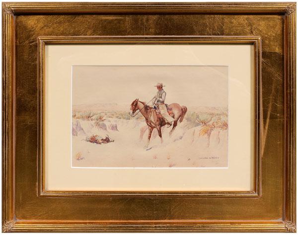 Leonard Howard Reedy: (Illinois, 1899-1956), [Desert Rider,] signed lower right "Leonard H. Reedy", watercolor over pencil on cream paper, 9 x 11-7/8 in.; gilt wood and composition panel frame. Taped verso at four corners 