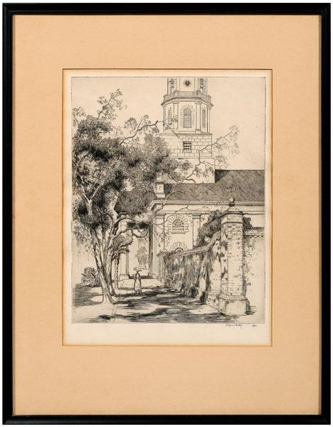 Alfred Heber Hutty: (Charleston, South Carolina, 1877-1954), [St. Michael's In Sunlight,] circa 1930, edition of 75, signed lower right in pencil "Alfred Hutty", etching on laid paper, (plate) 12-1/8 x 9-3/4 in., (page) 
