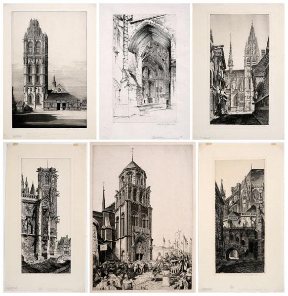 John Taylor Arms: (American, 1887-1953), [French Lace,] 1949; [Apse of the Cathedral of St. Peter and St. Paul, Trayco,] 1929; [Aspiration,] 1939; [Sunlight on Stone, [Candebec-en-Caux,]] 1931; [Cathedral of St. Cyr an