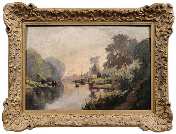 Leon-Louis Canivet: (French, late 19th/early 20th century), [View of a River with Figures Fishing in a Boat,] signed lower right "L. Canivet", oil on panel, 14-3/4 x 21-5/8 in.; early 20th century gilt wood and compositi