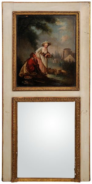 Louis XVI style trumeau mirror,: 18th or 19th century oil on canvas depicting an amorous couple, 31-7/8 x 25-1/4 in., set in early 20th century putty-colored frame with gilt inner frame, mirror panel set in gilt frame, overall 78-3/4