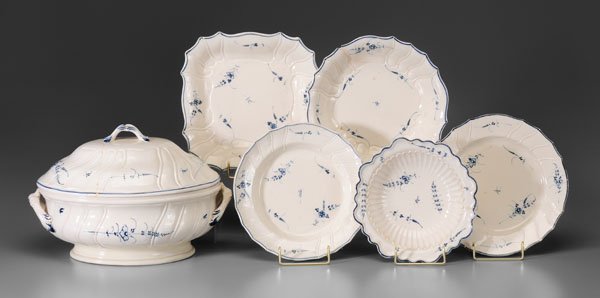 Eighteen pieces Brancas Lauraguais: porcelain, cream with blue floral sprays, six pieces painted in blue script under glaze "BL", twelve pieces impressed "BL", probably Brancas Lauraguais factory, French, 18th or early 19th century; det