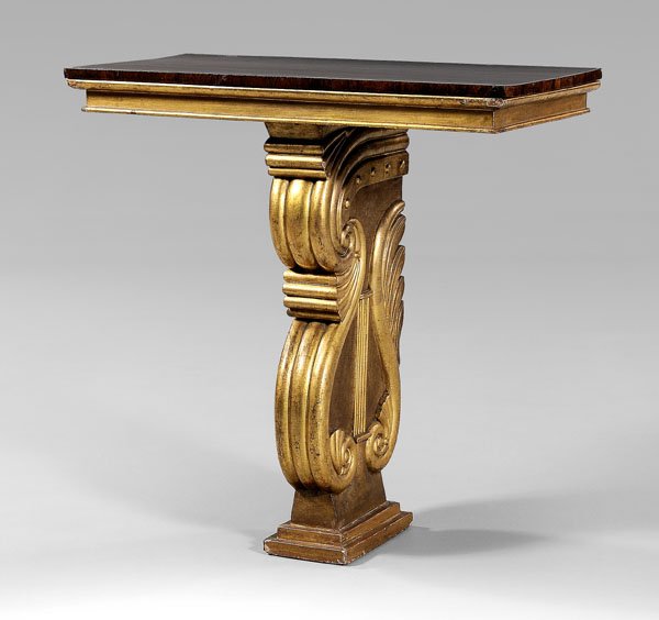 Regency rosewood and gilt pier table,: rosewood-veneered top over gilt wood frieze, single carved and gilt wood lyre-form support, British or Continental, 19th century, 40 x 38-1/2 x 19-3/4 in. Some restoration at attachment of top and bas