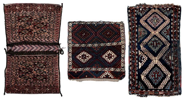 Three small rugs:: one bag, repeating panels of [guls,] original backing, 1 ft. 11 in. x 2 ft., [generally even low pile, some curled and folded areas, scattered moth damage, some separations at binding, sewn shut (poss