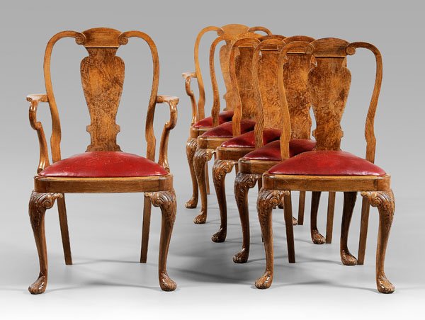 Set of six Chippendale style dining: chairs: each in mixed woods with burlwood-veneered slat and red leather upholstered slip seats, carved cabriole legs, early 20th century, four side chairs 38-1/2 x 22 x 18 in., two armchairs 40-1/2 x 