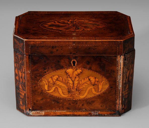 Regency inlaid burlwood tea caddy,: rectangular with canted sides, inlaid urns, flowers, Prince of Wales feathers, one compartment lid, British, late 18th/early 19th century, 5-1/4 x 7-1/4 x 4-1/4 in., [poor condition, extensive losses
