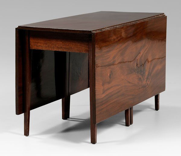 Hepplewhite drop-leaf dining table,: figured mahogany leaves, tapered legs with double gates, British, early 19th century, 38 x 47-3/4 x 21-1/2 (opens to 63-3/4 in.) Refinished, minor damage and patches at rule joints, crack to one corne