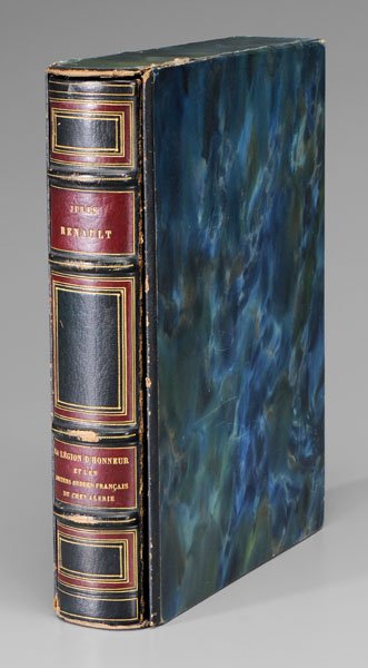 Leather-bound book, Jules Renault,: [La Legion D'Honneur et les Anciens Ordres Francais de Chevalerie,] 1924, in slip case, with letter in French addressed to Louis V. Gwyeffort, member of the administration of American ambulances in Ne