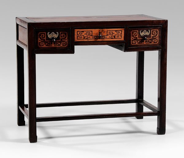 Chinese inlaid desk,: mortise-and-tenon construction, inset top, stretcher base, stepped front with three drawers, fretwork inlay, brass bat escutcheons, late 19th/early 20th century, 29-3/4 x 35-5/8 x 19-3/4 in. Lacking o
