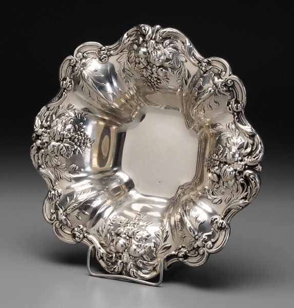 Francis I sterling round bowl,: fruit and foliate decoration, marks for Gorham, "X569", 1957, no monogram, 20.11 oz.T., 3-1/2 x 11-1/4 in. Tiny spot of pitting, wear to high spots, tape residue verso. Provenance: A Florida Private C