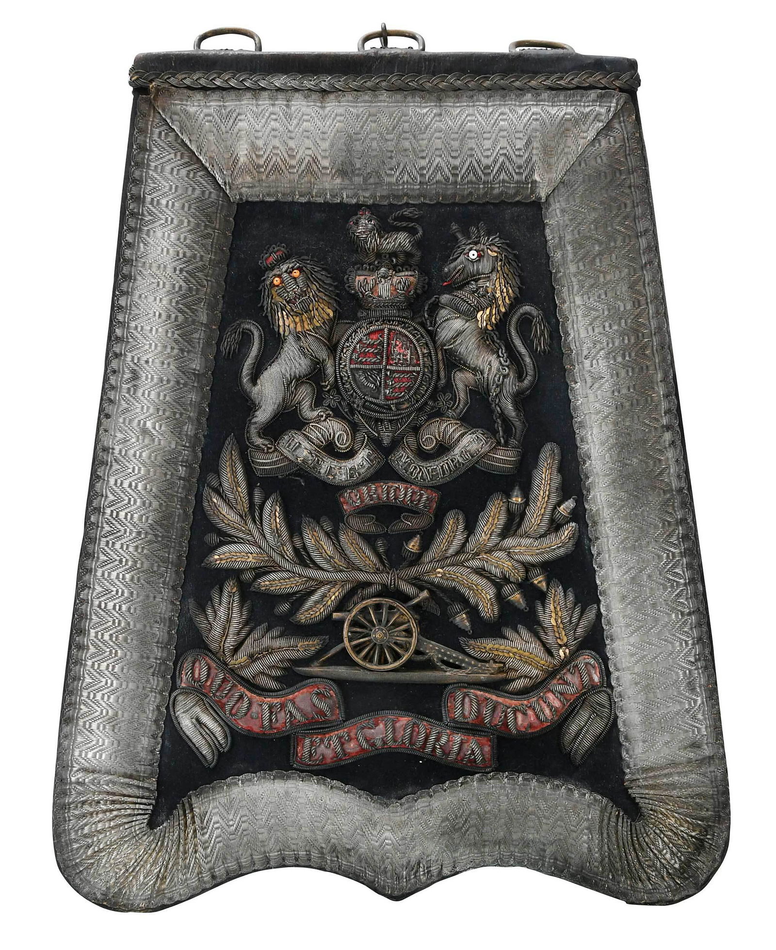 Royal Artillery Officer's Full Dress Sabretache: British, 19th century, sabretache of standard pattern, train lace enclosing cloth face bearing the embroidered Royal Arms, a scroll below, "Ubique", oak leaf sprays, a gilt metal cannon and the bottom