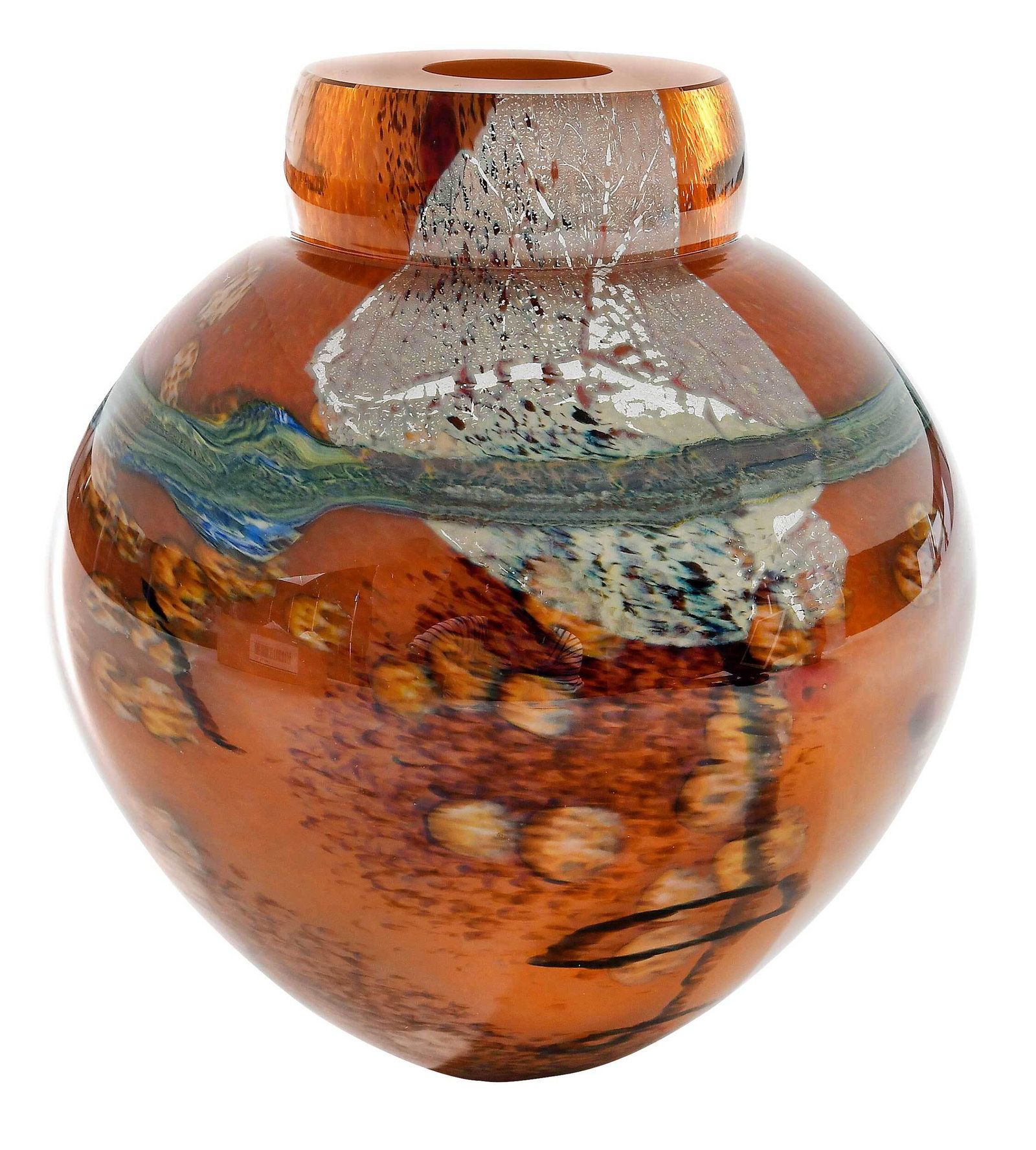 Randi Solin: (American, born 1967) "Sahara Emperor Bowl", free blown orange vessel, silver foil, bands of green and brown dots, encased in multiple layers of clear glass, signed at base "Solin - 4", 7 x 6 in. Prov