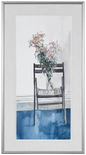 David Remfry: (New York/British, born 1942) Lilies on a Folding Chair, signed under chair "David Remfry", watercolor, sight 29-1/4 x 13-1/8 in.; metal frame, 36-1/8 x 20-1/8 in. Provenance: Private Collection