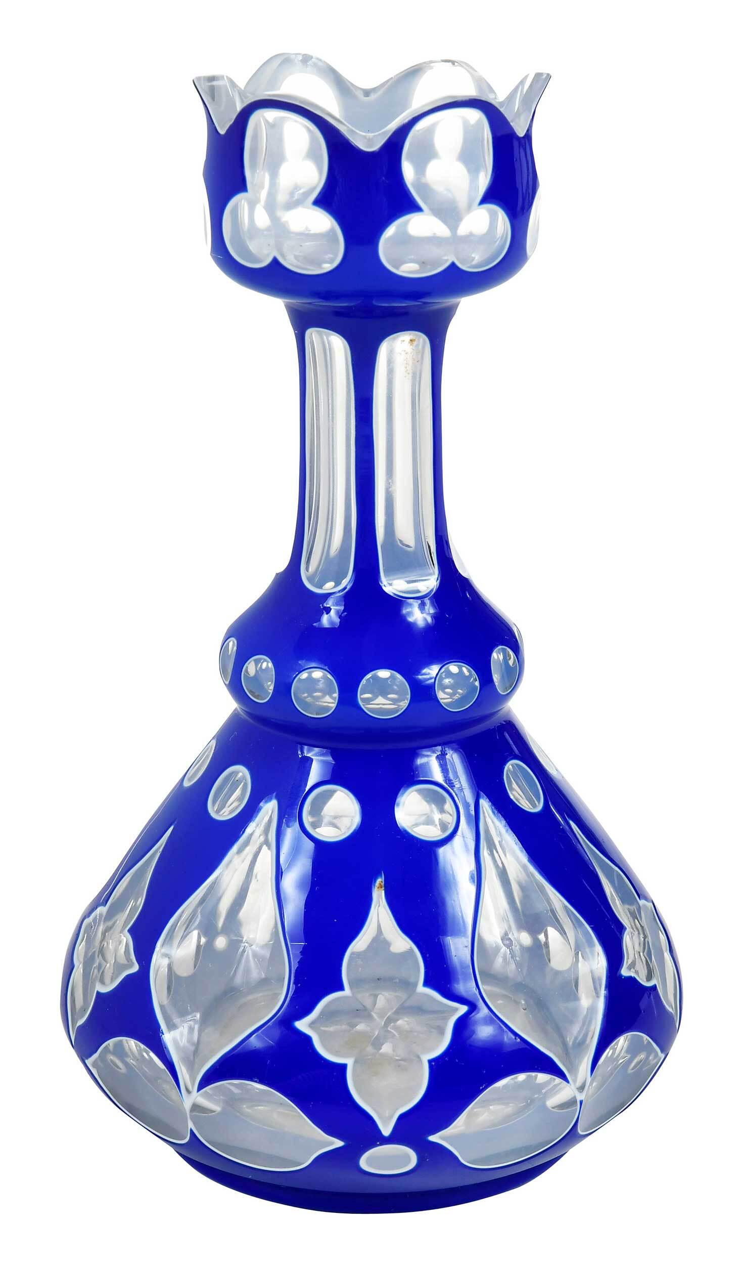 Double Overlay Blue and White Vase: American, 20th century, probably Boston & Sandwich Co., of bottle form, with lobed and dot decoration, unmarked, 7-1/4 in. Provenance: Estate of Ronald M. Lambe, Asheville, North Carolina Note: Accomp