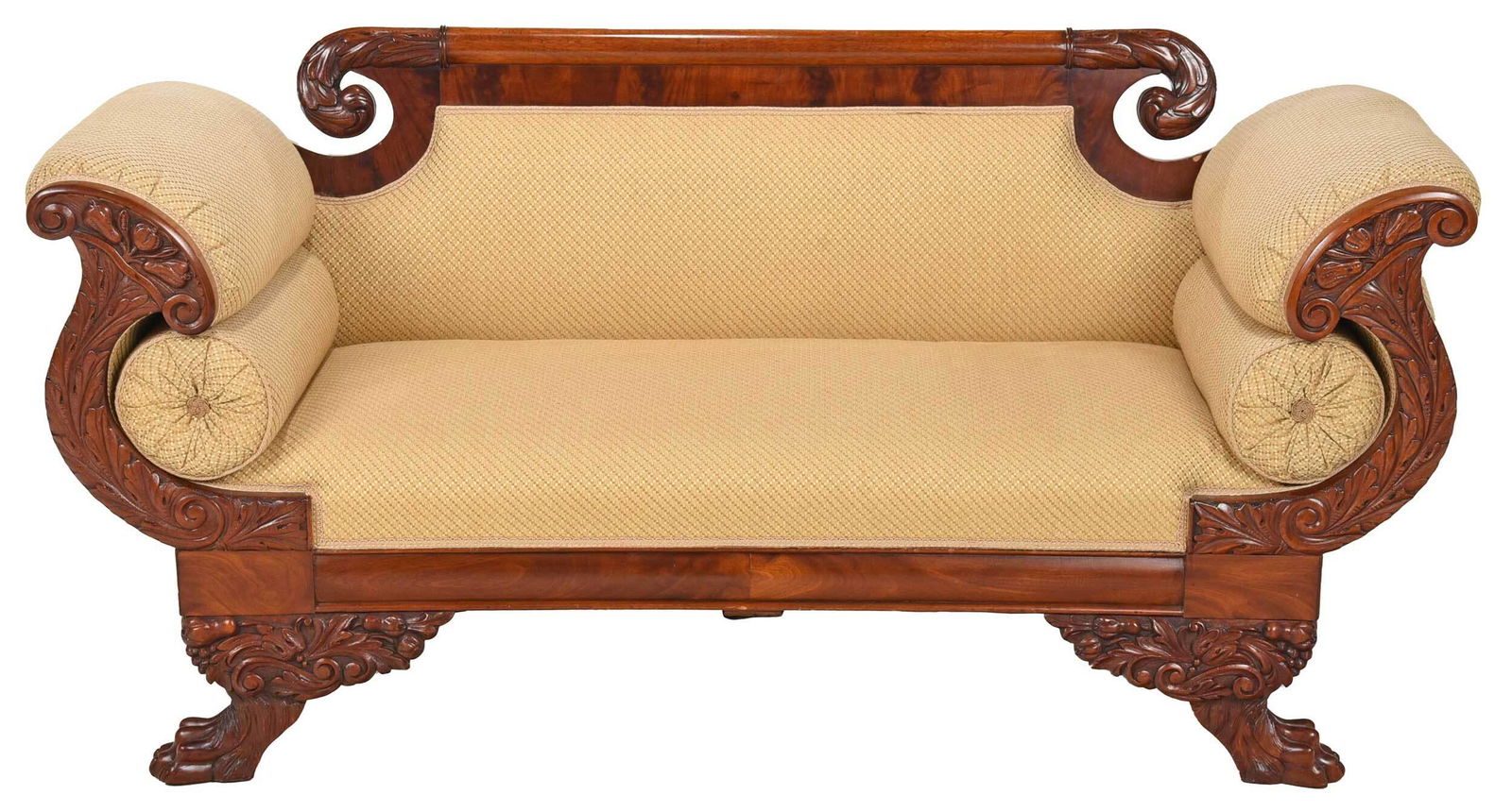 American Classical Carved Mahogany Upholstered Sofa (1 of 9)