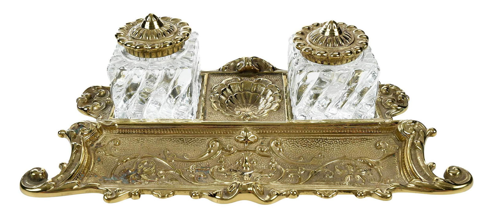 Virginia Metalcrafters Brass and Glass Inkwell and Tray (1 of 5)