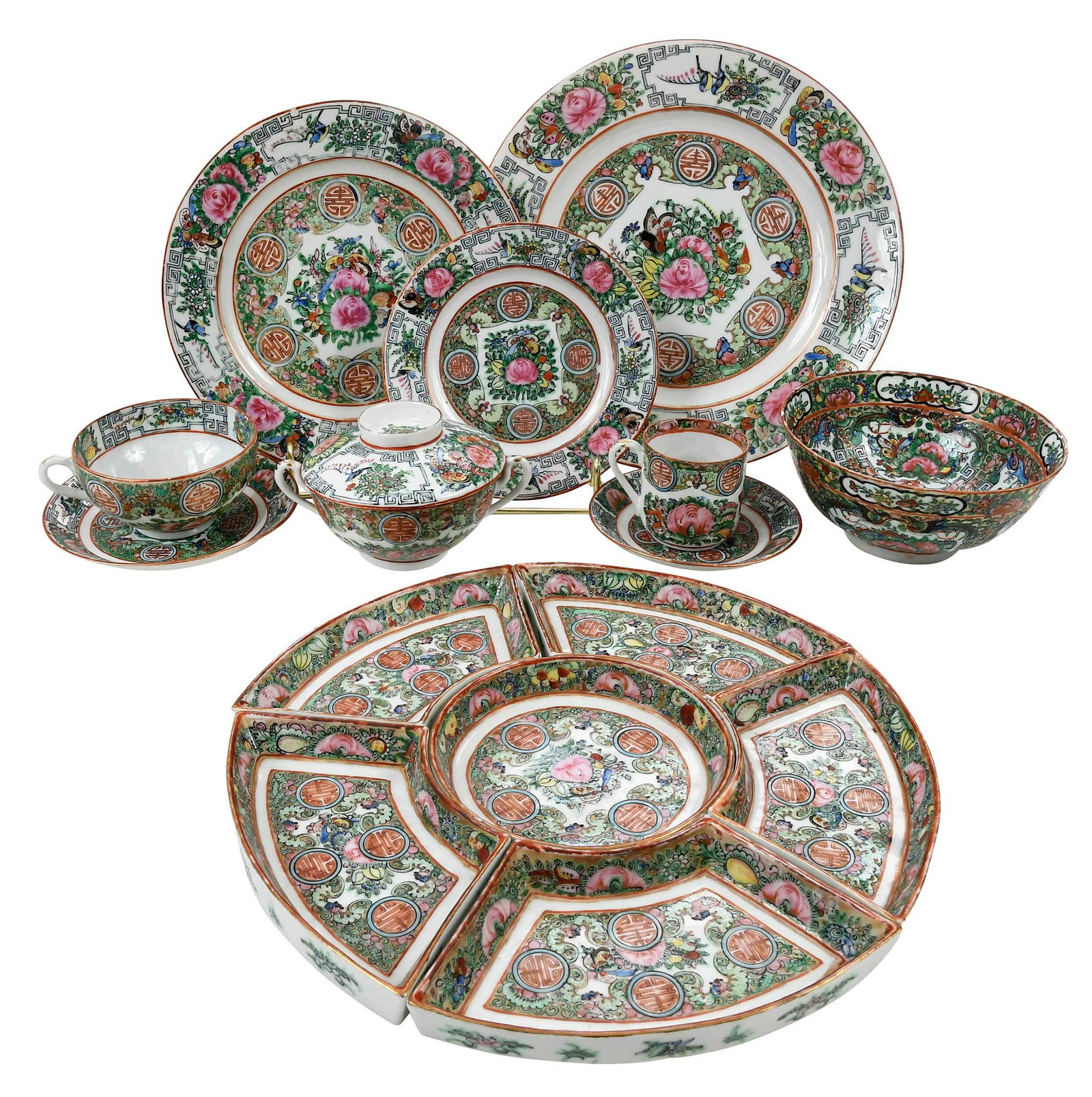 144 Piece Chinese Rose Medallion Porcelain Service: late 19th/20th century, enamel painted with flowers, fruits, butterflies, and shou symbols, comprising: 18 dinner plates, 9-1/2 in.; eight salad plates, 8-5/8 in.; 11 dessert plates, 7-1/2 in.; 14 bre