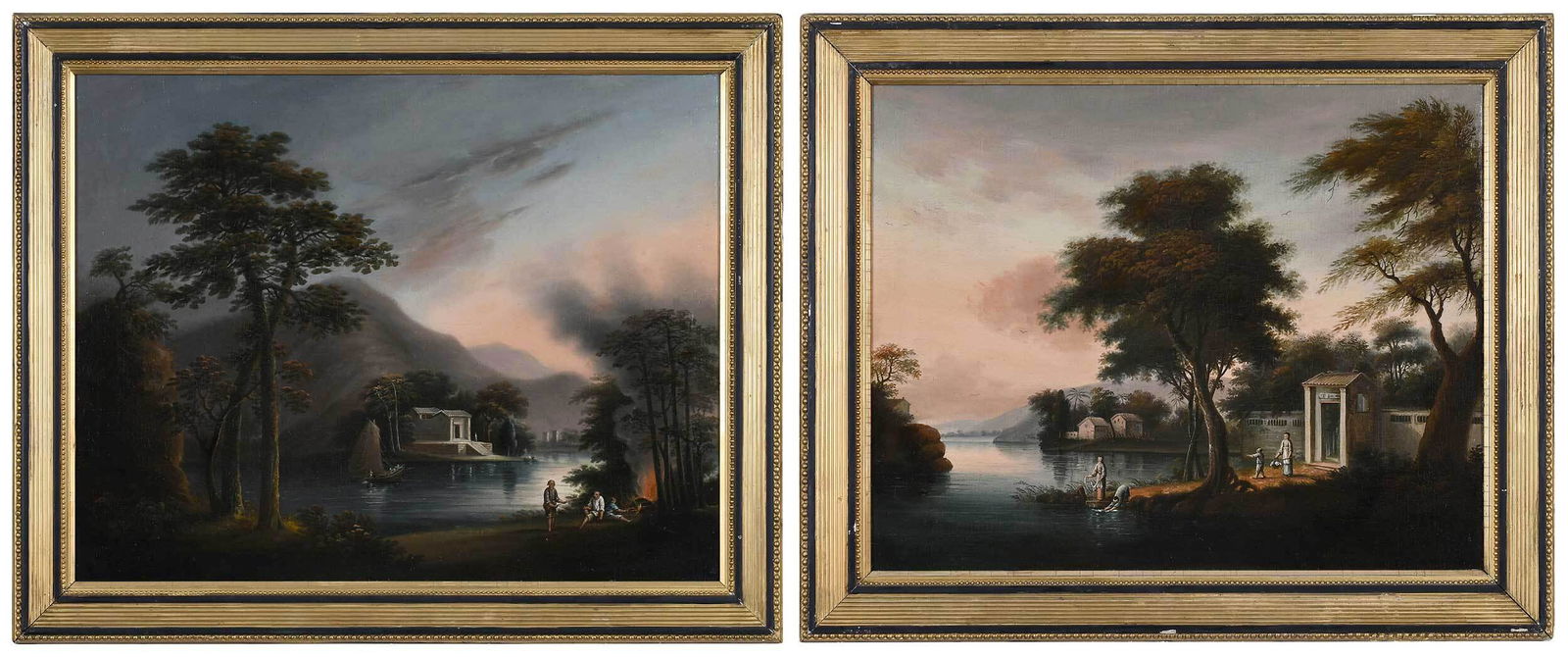 Follower of Lamqua: (Chinese, 1801-1860) Two river scenes: Figures by a Fire with a Distant Shrine, 21 x 26-3/8 in.; Figures Washing by a Gate, 20-3/4 x 26 in., both unsigned, oil on canvas; matching painted and gilt woo