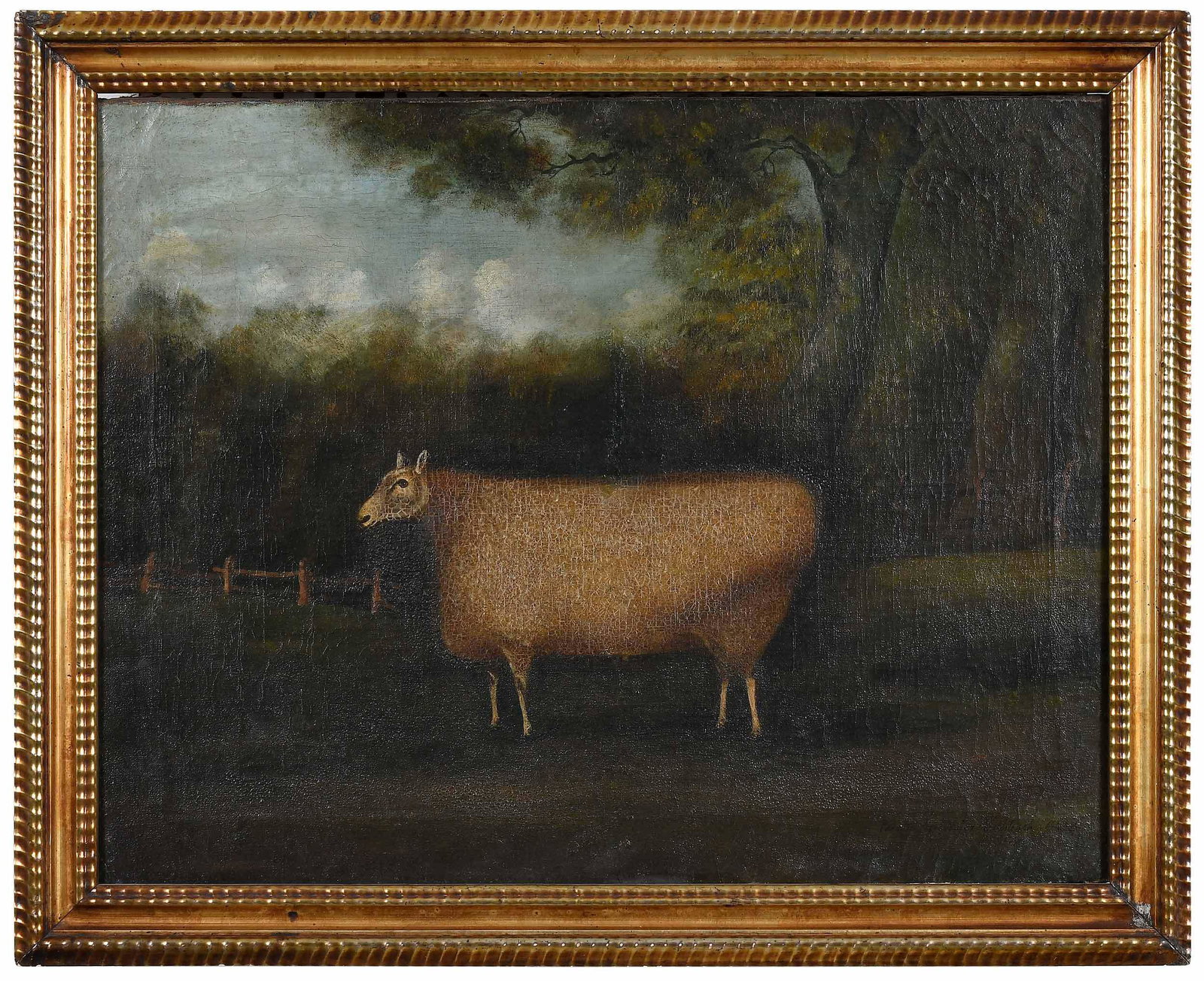 John Miles of Northleach: (British, 18th/19th century) Sheep in a Field, signed lower right "Painted by J. Miles Northleach Glo..shire/1840", oil on canvas, 19 x 24-7/8 in.; gilt wood liner, 22-3/4 x 27-7/8 in. Provenance: Pro