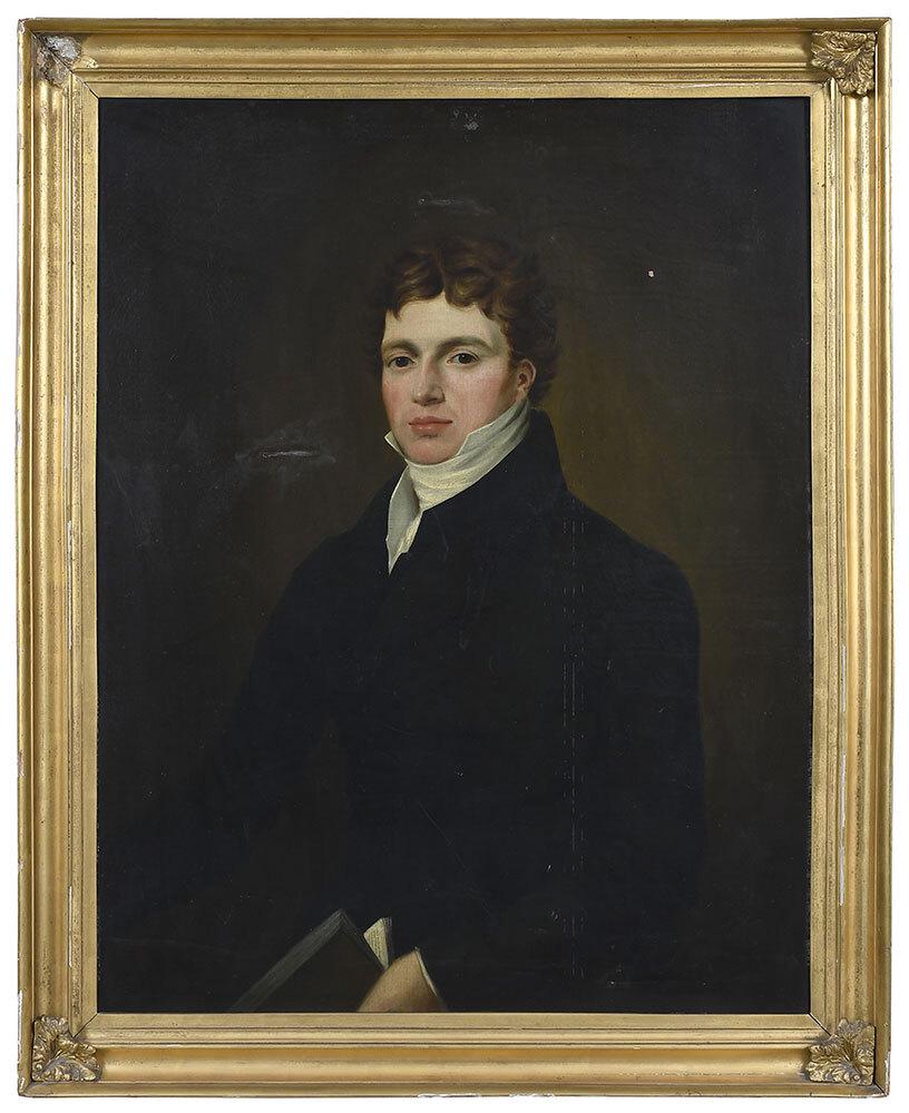 British School Portrait: (early 19th century) Gentleman in Back Coat Holding a Book, unsigned, oil on canvas, 36 x 28 in.; gilt wood and composition frame, 41 x 33 in. Provenance: Property from the Collection of Dudley and Co