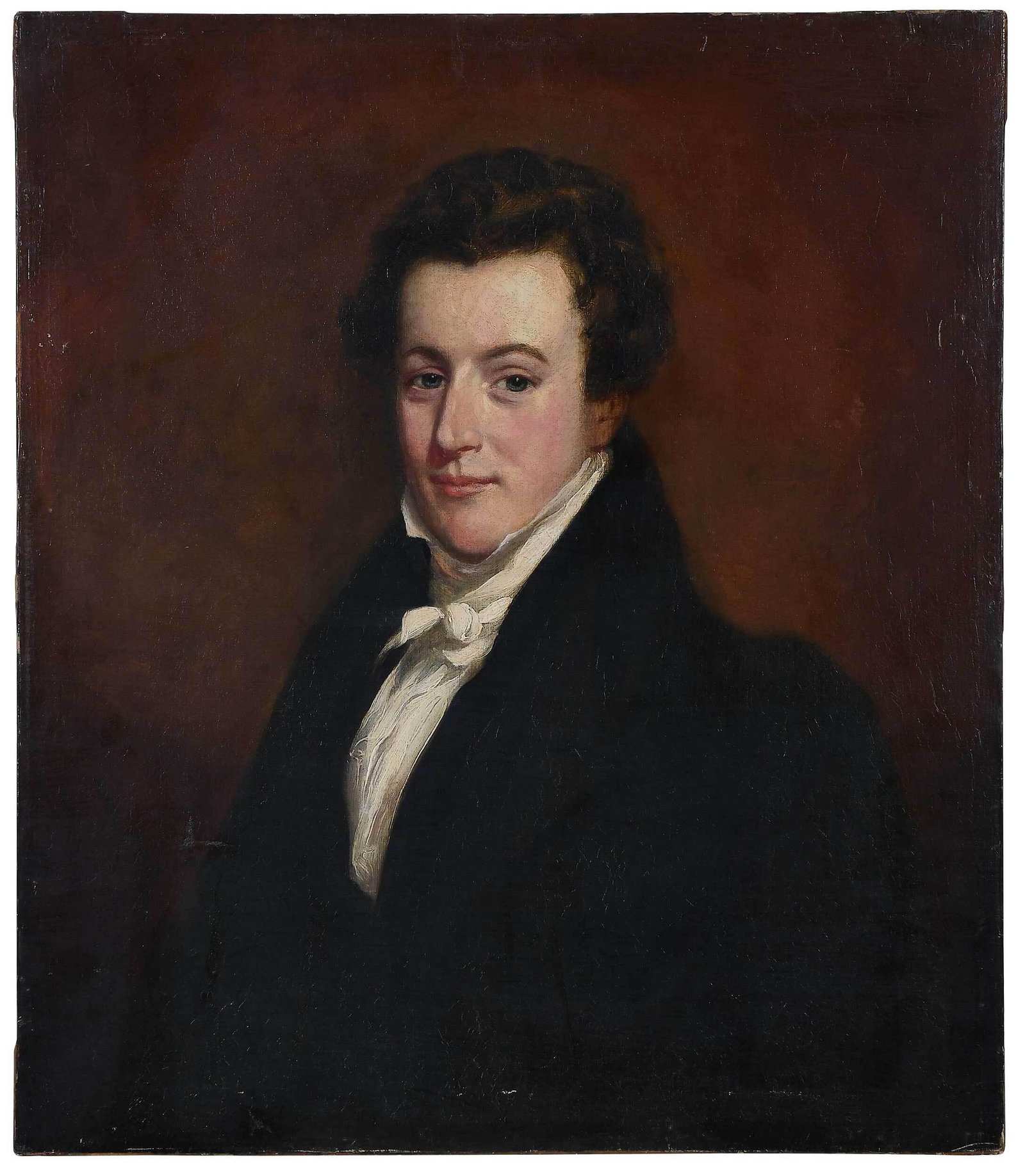 British School: (19th century) Portrait of a Gentleman, unsigned, partial framers label stretcher verso, oil on canvas, 30 x 26 in.; unframed Provenance: Property from the Collection of Dudley and Constance Godfrey
