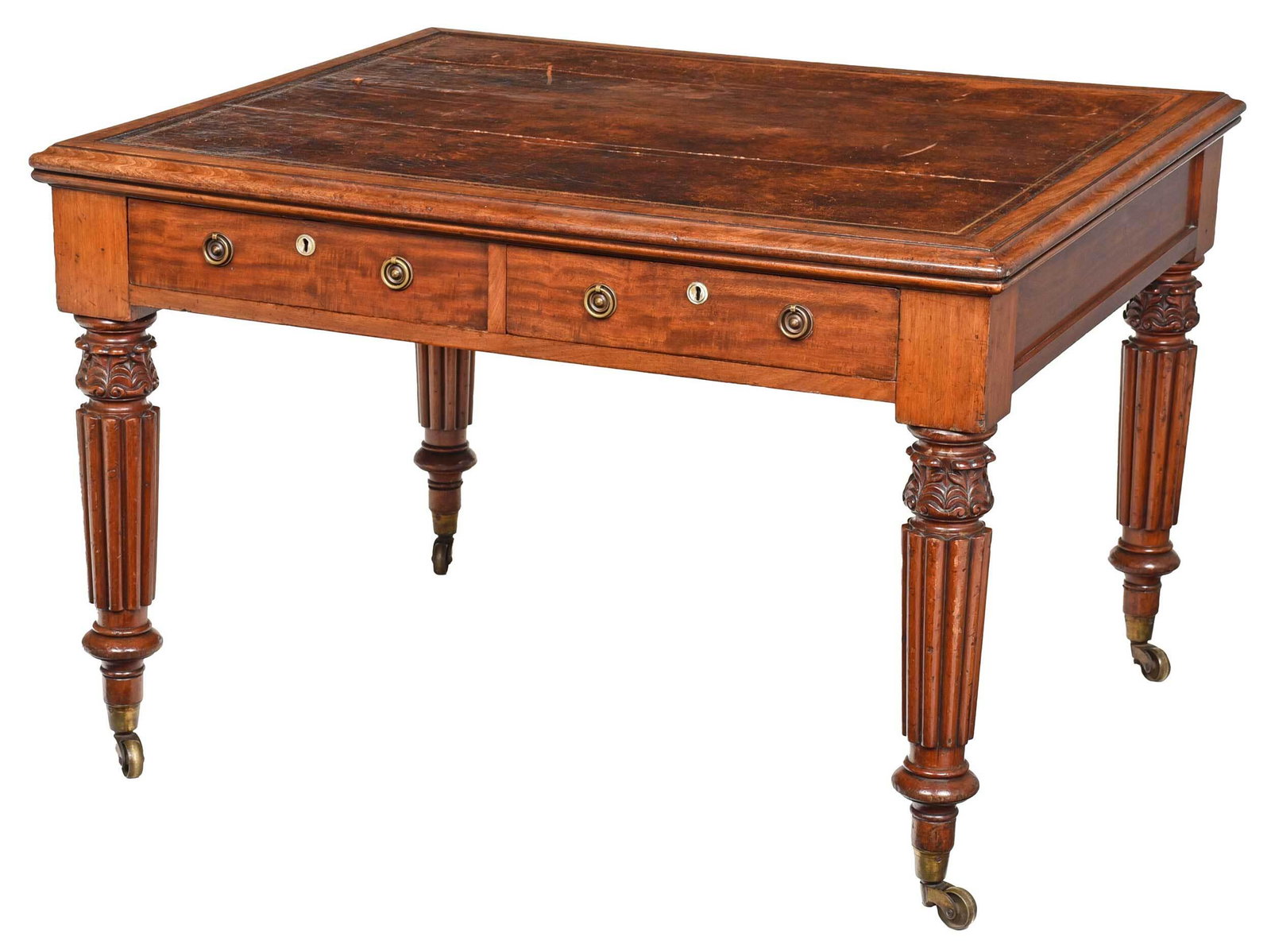 William IV Mahogany Leather Top Writing Desk: British, 19th century, molded top with burgundy and gilt tooled leather writing surface, one side with two dovetailed drawers with mahogany linings and mother of pearl escutcheons, other side with two