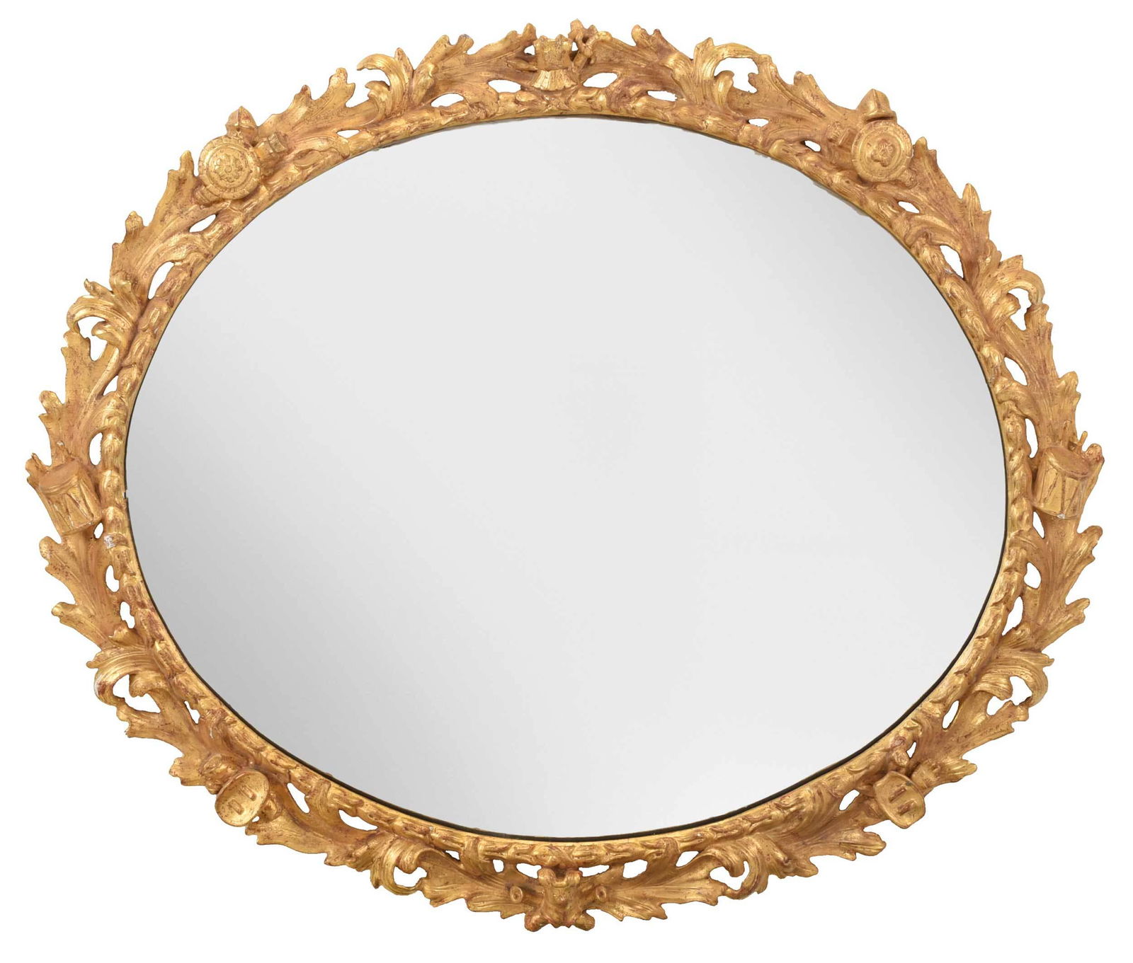 Pair Italian Neoclassical Carved and Giltwood Oval: Continental, 19th century, well carved leaf and bellflower frames set with war trophies including drums, quivers, shields, and Roman vestments, each centering an oval mirror plate, 37 x 42 in. Provena